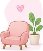 Ilustração de poltrona rosa com planta e coração