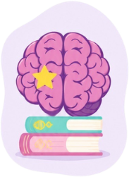 Ilustração de cérebro roxo com estrela e livros